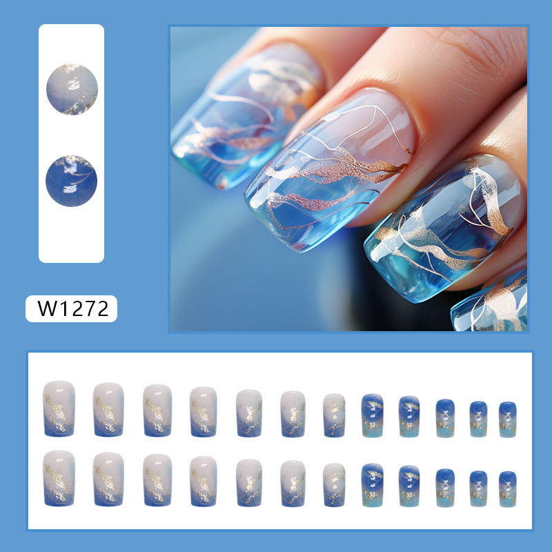 No.F15 Blue Smudge With Gold Foil Lines Fingernails Patch 24pcs/Set