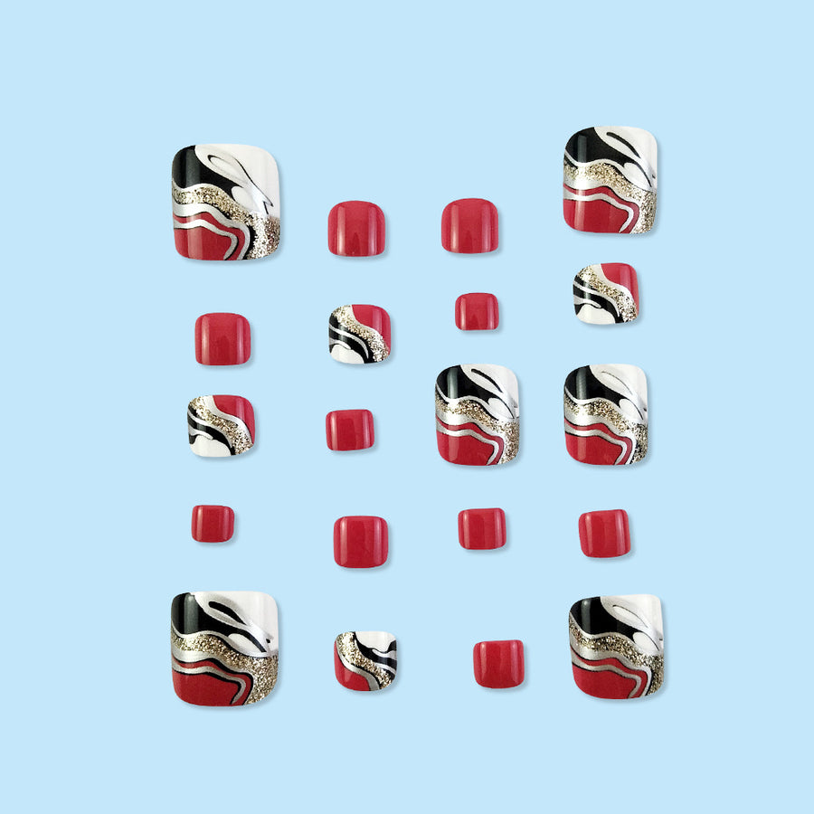 Red and Black Glitter Toe Nail Tips 24pcs/Set