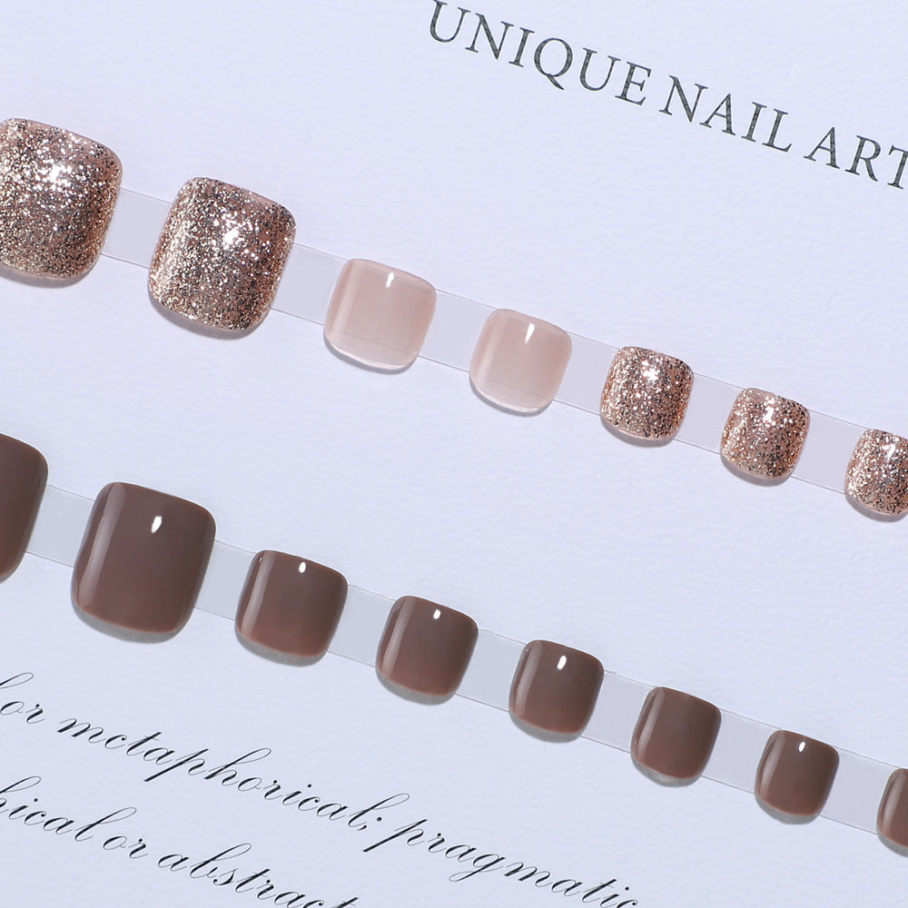 No.119 Coffee-colored Mirror Champagne Glitter Toenails 24pcs/Set