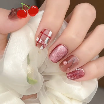 No.FP30 Cherry Cat's Eye Hand Made Fingernails 10pcs
