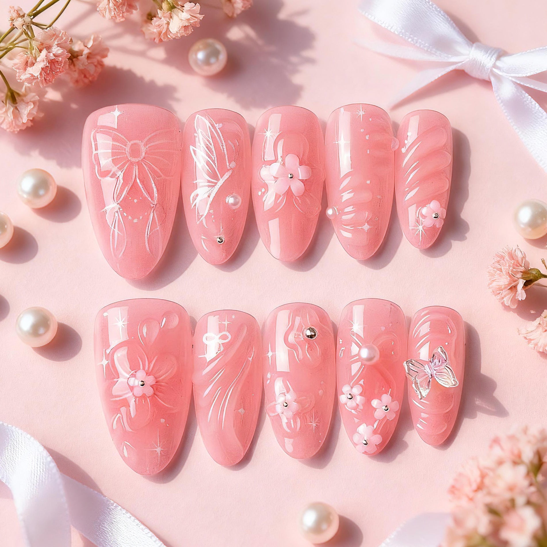 No.F838 Pink Bow Fingernails Patch 24pcs/Set