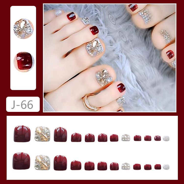 No.154 Burgundy Diamond Toenails 24pcs/Set