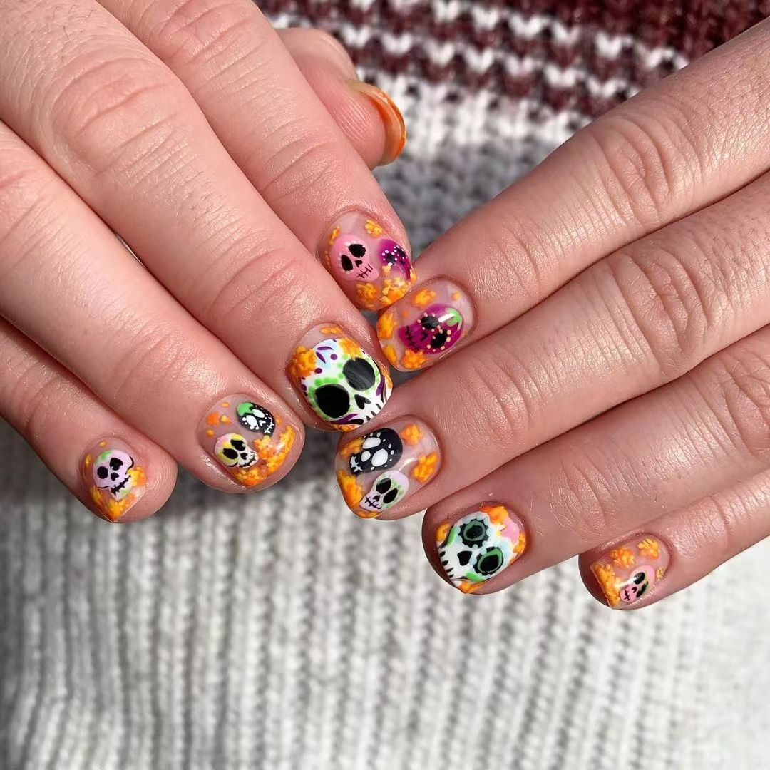 No.AW7 Halloween Colorful Skull Fingernails Patch 24pcs/Set