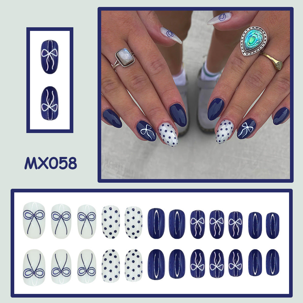 No.F756 Dark Blue Bow Fingernails Patch 24pcs/Set
