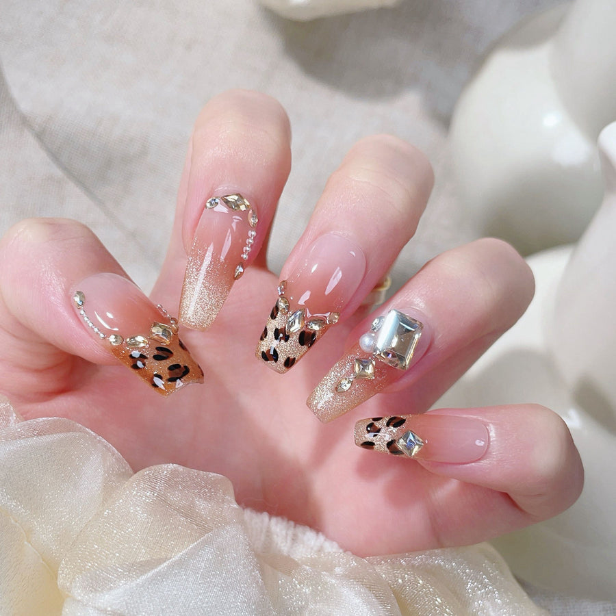 No.FP2 10pcs Leopard Print Cat Eye Handmade Press-On Fingernails