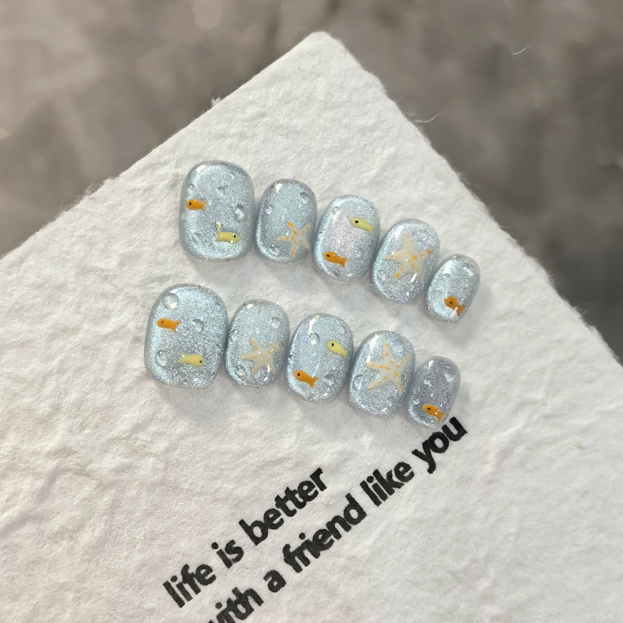 No.FP33 Blue Crystal Cat's Eye Hand Made Fingernails 10pcs