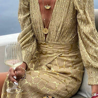 V Neck Golden Bling Long-sleeved Top and Skirt