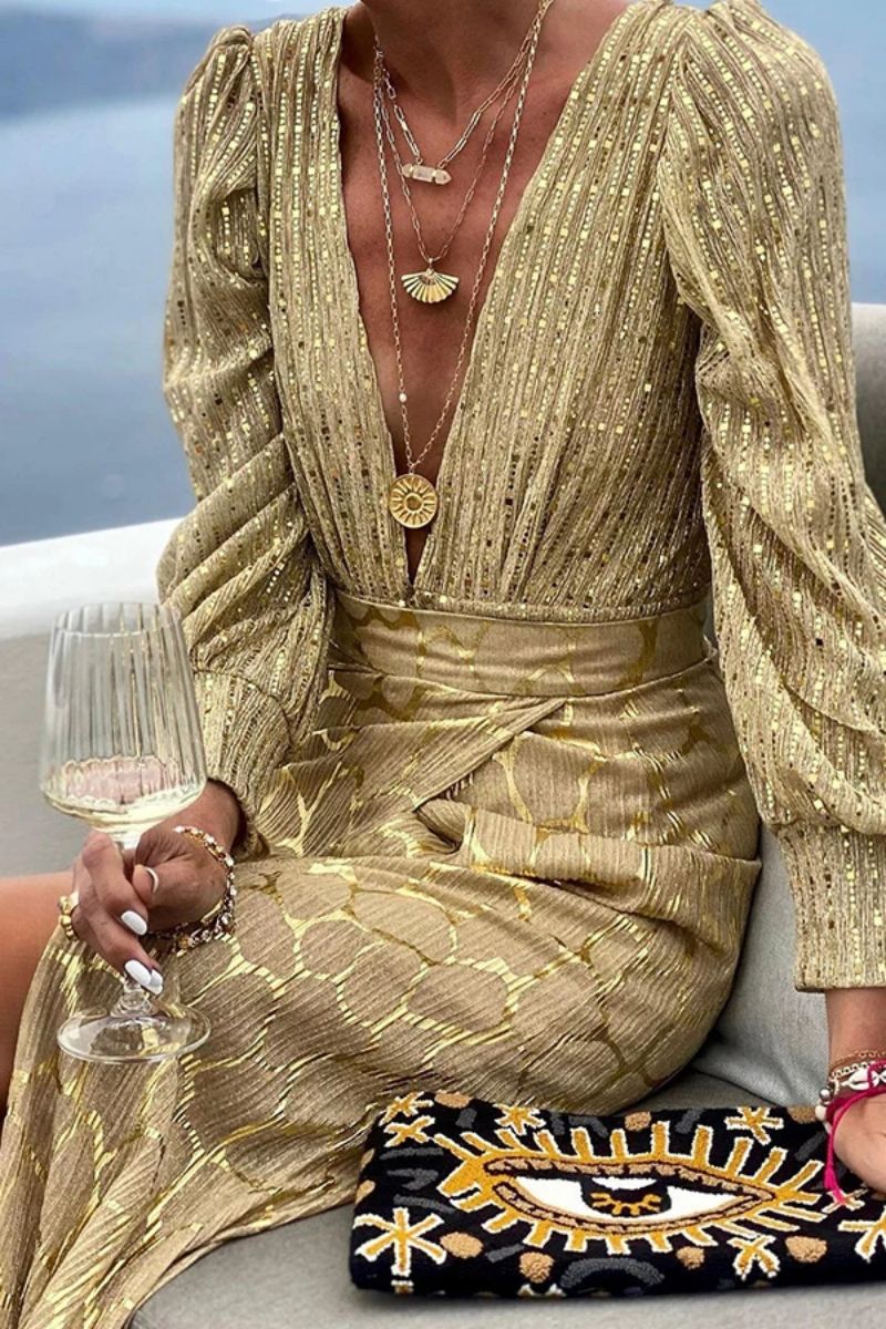 V Neck Golden Bling Long-sleeved Top and Skirt