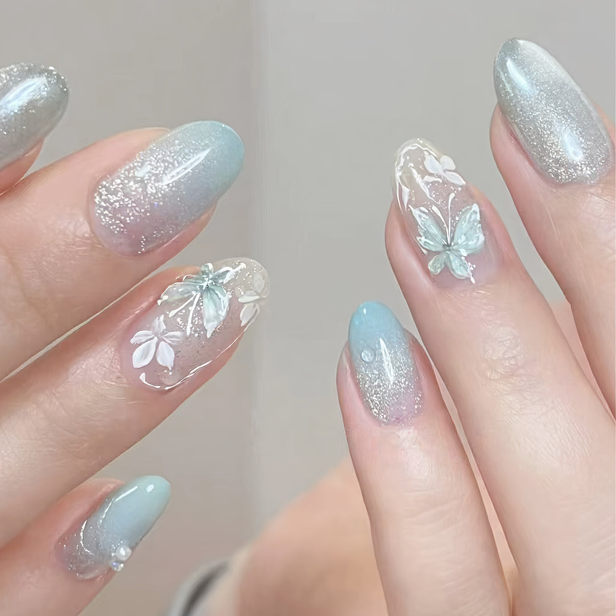 No.F819 Sky Blue Cat's Eye Fingernails Patch 30pcs/Set