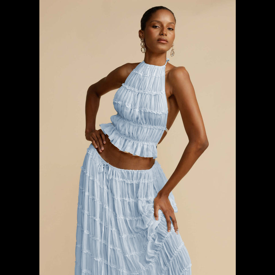 Halterneck Backless Pleated Tiered Skirt Two-piece Set