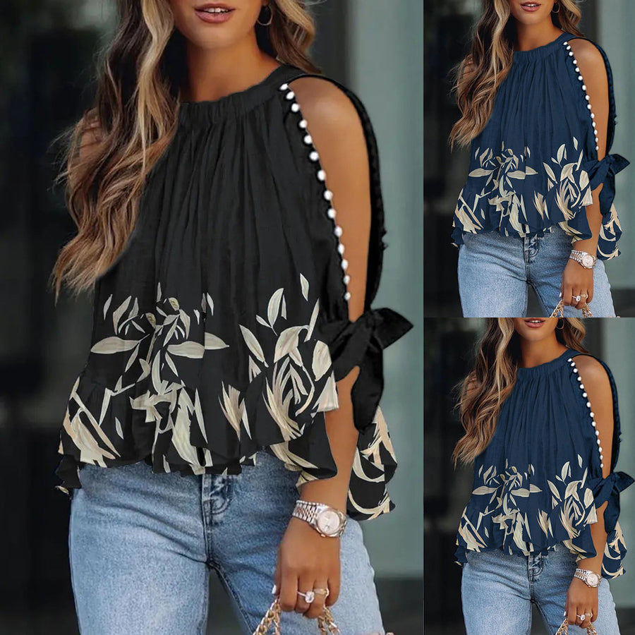 Women's Round Neck Beaded Print Shirt