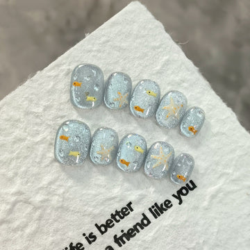 No.FP33 Blue Crystal Cat's Eye Hand Made Fingernails 10pcs