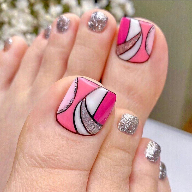 No.220 Geometric Rose Pink& white Contrast Glitter Toenails Patch 24pcs/Set