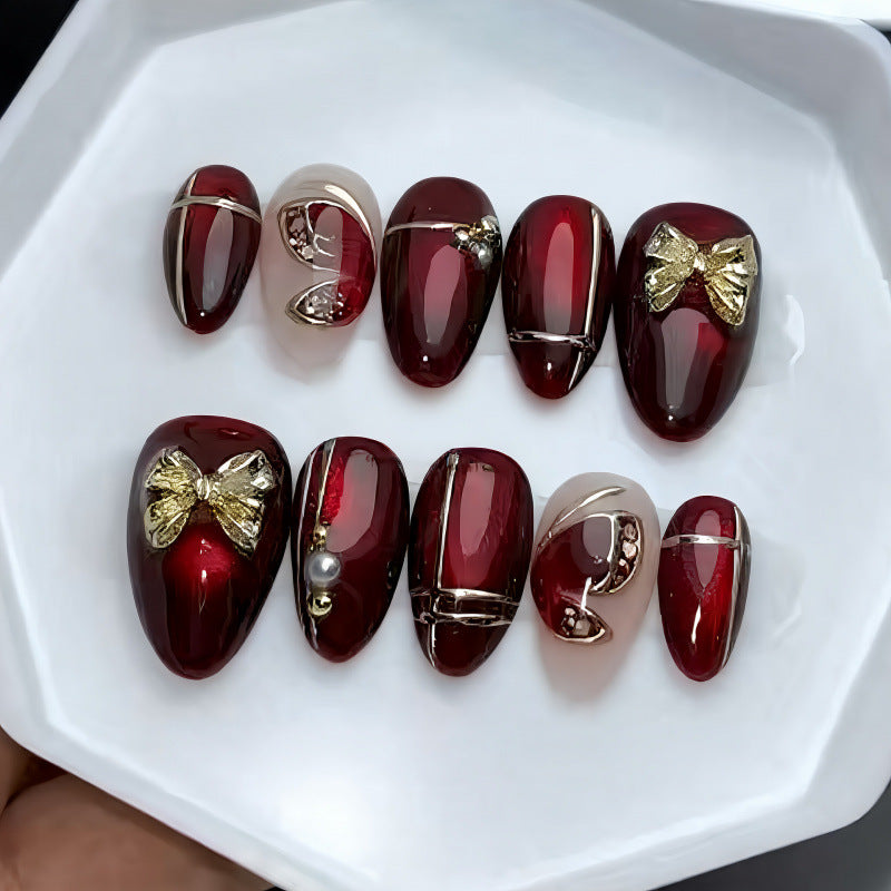 No.F858 Red Bow Cat's Eye Fingernails Patch 30pcs/Set