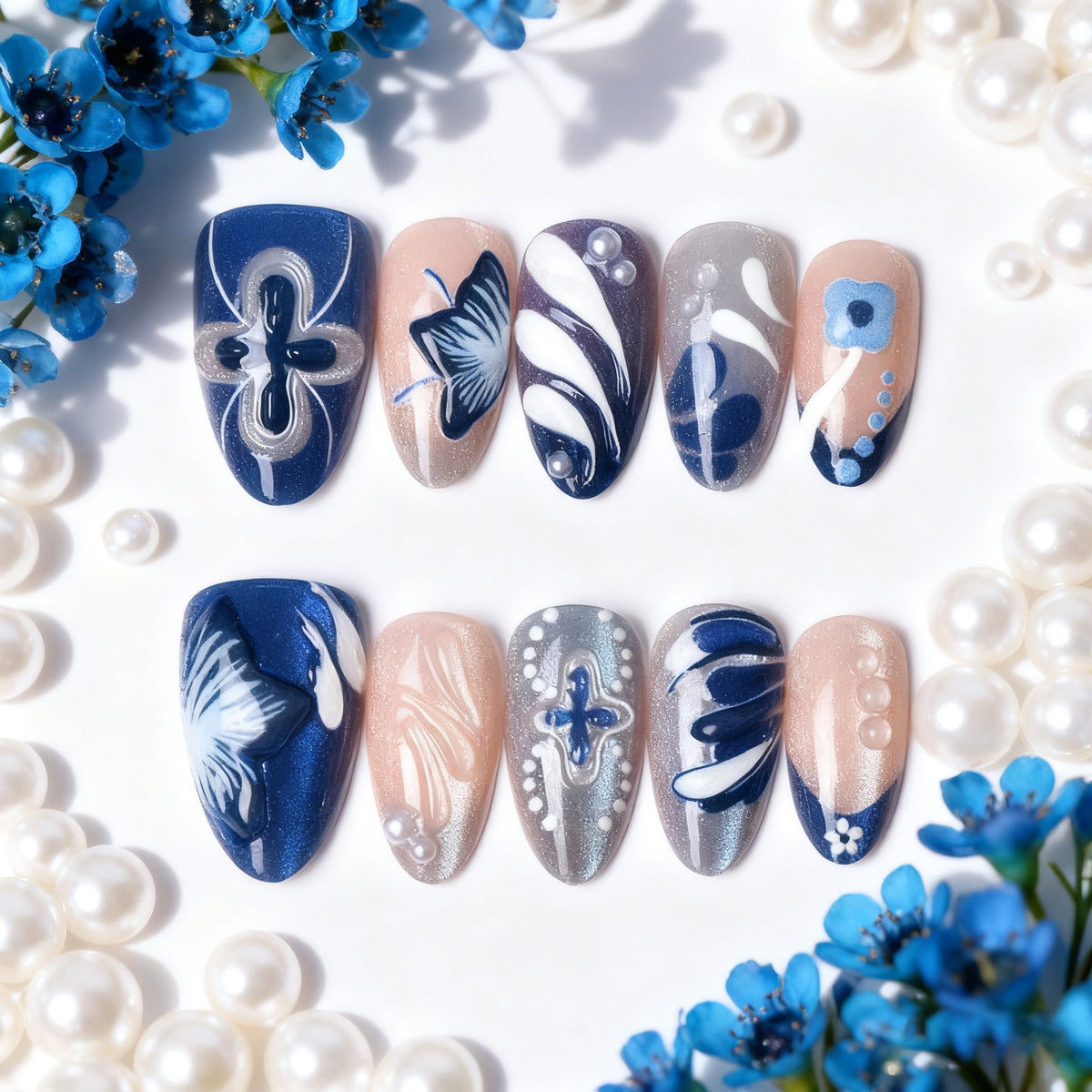 No.BH23 Blue Flower Fingernails Patch 24pcs/Set