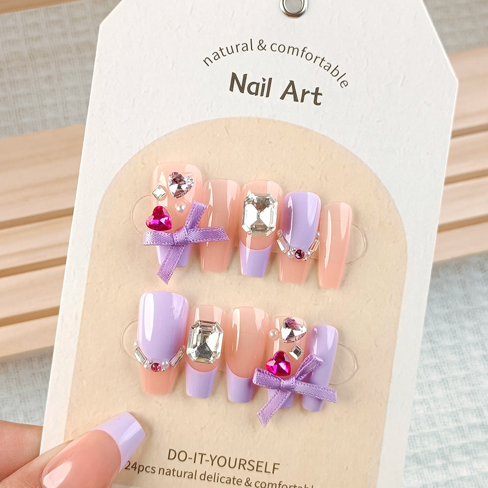 No.F6 Light Purple Heart Rhinestone Fingernails Patch 24pcs/Set