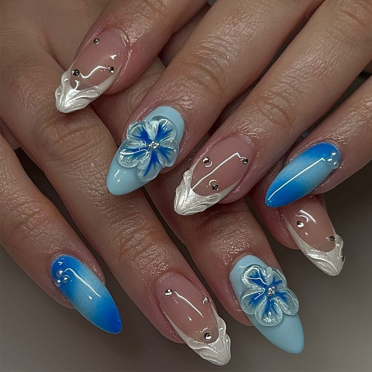 No.F597 Blue Flower Fingernails Patch 24pcs/Set