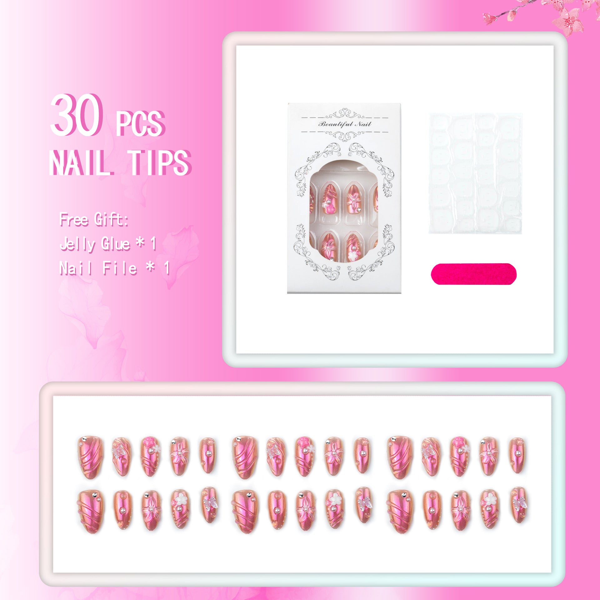 No.BH49 Pink Blush Flowers Fingernails Patch 24pcs/Set