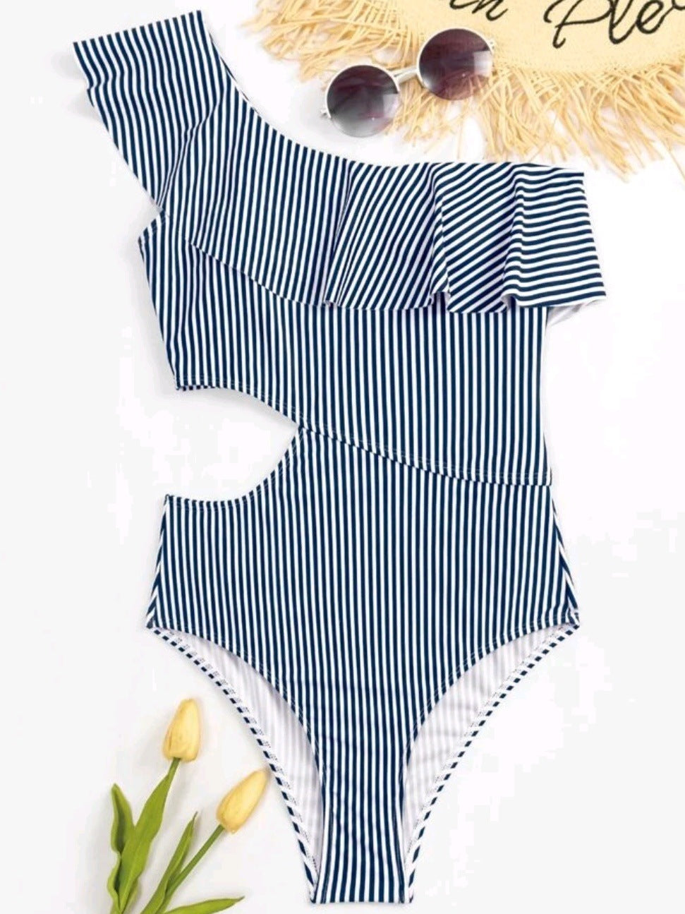 Striped Ruffle Cut Out One-piece Swimsuit