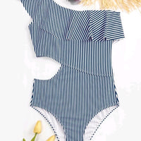 Striped Ruffle Cut Out One-piece Swimsuit