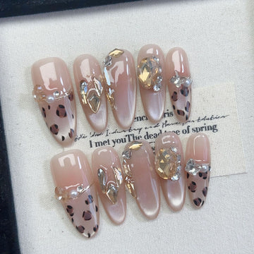 No.FP3 10pcs Leopard Print Cat Eye Handmade Press-On Fingernails