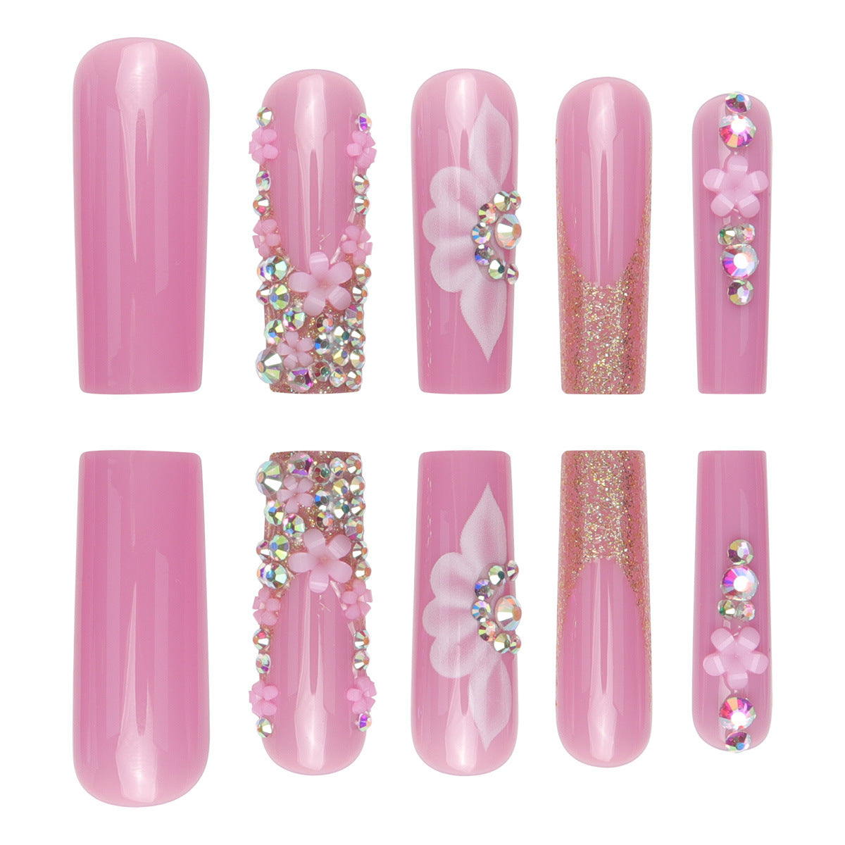 No.F543 Pink Flower Long Fingernails Patch 24pcs/Set