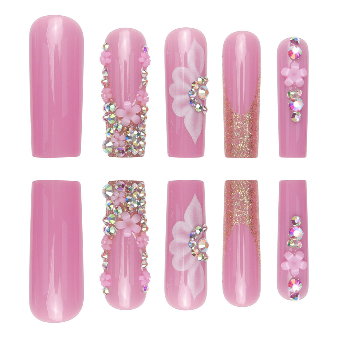 No.F543 Pink Flower Long Fingernails Patch 24pcs/Set