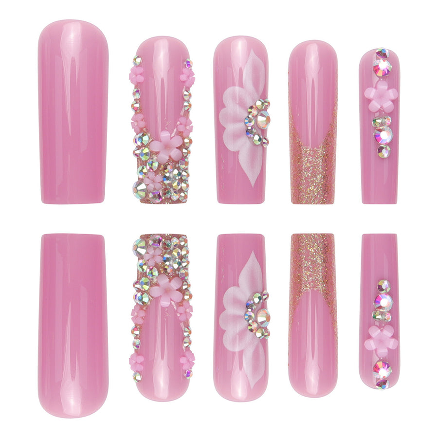 No.F543 Pink Flower Long Fingernails Patch 24pcs/Set