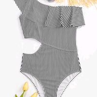 Striped Ruffle Cut Out One-piece Swimsuit