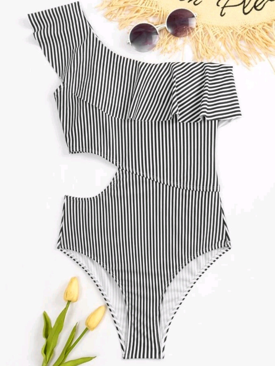 Striped Ruffle Cut Out One-piece Swimsuit