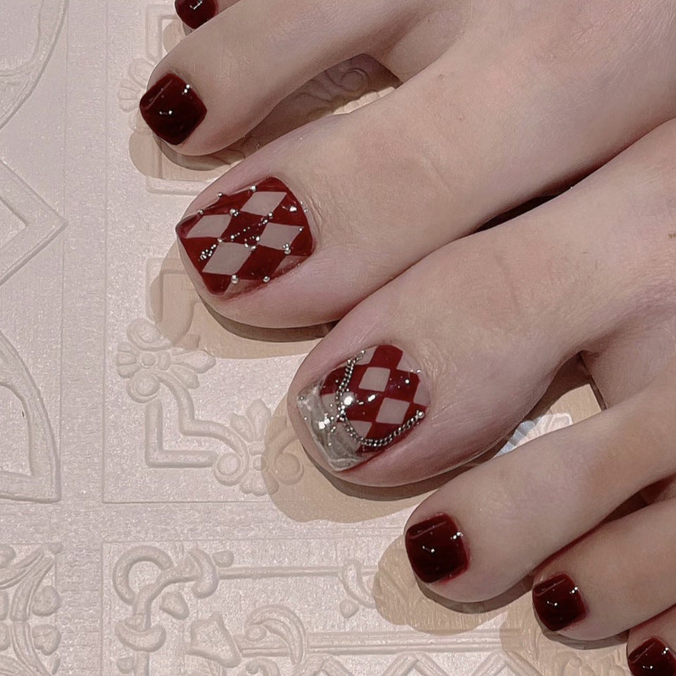 No.329 Wine Red Grid Toenails Patch 24pcs/Set