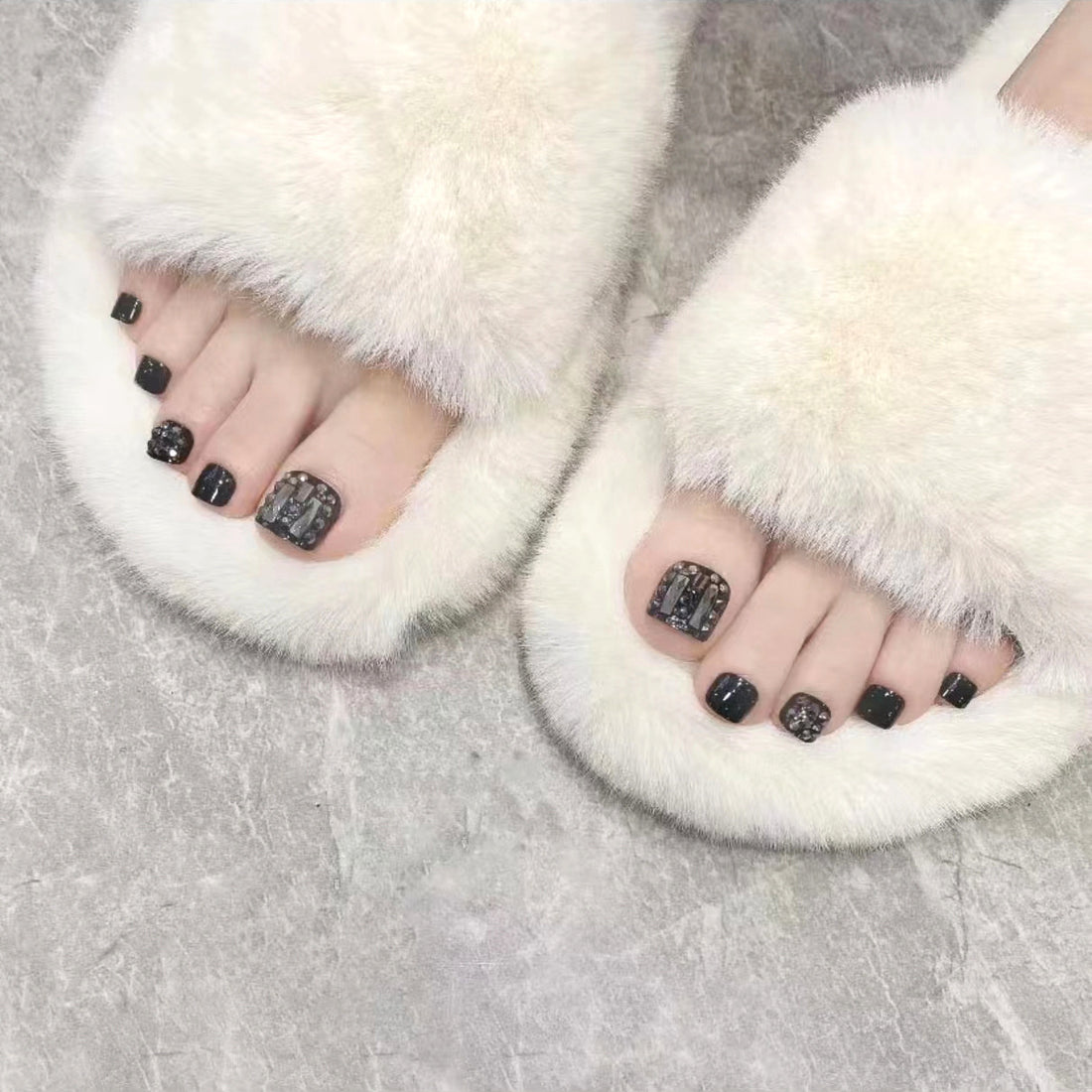 Parche negro lindo con purpurina para uñas de los pies, 24 unidades