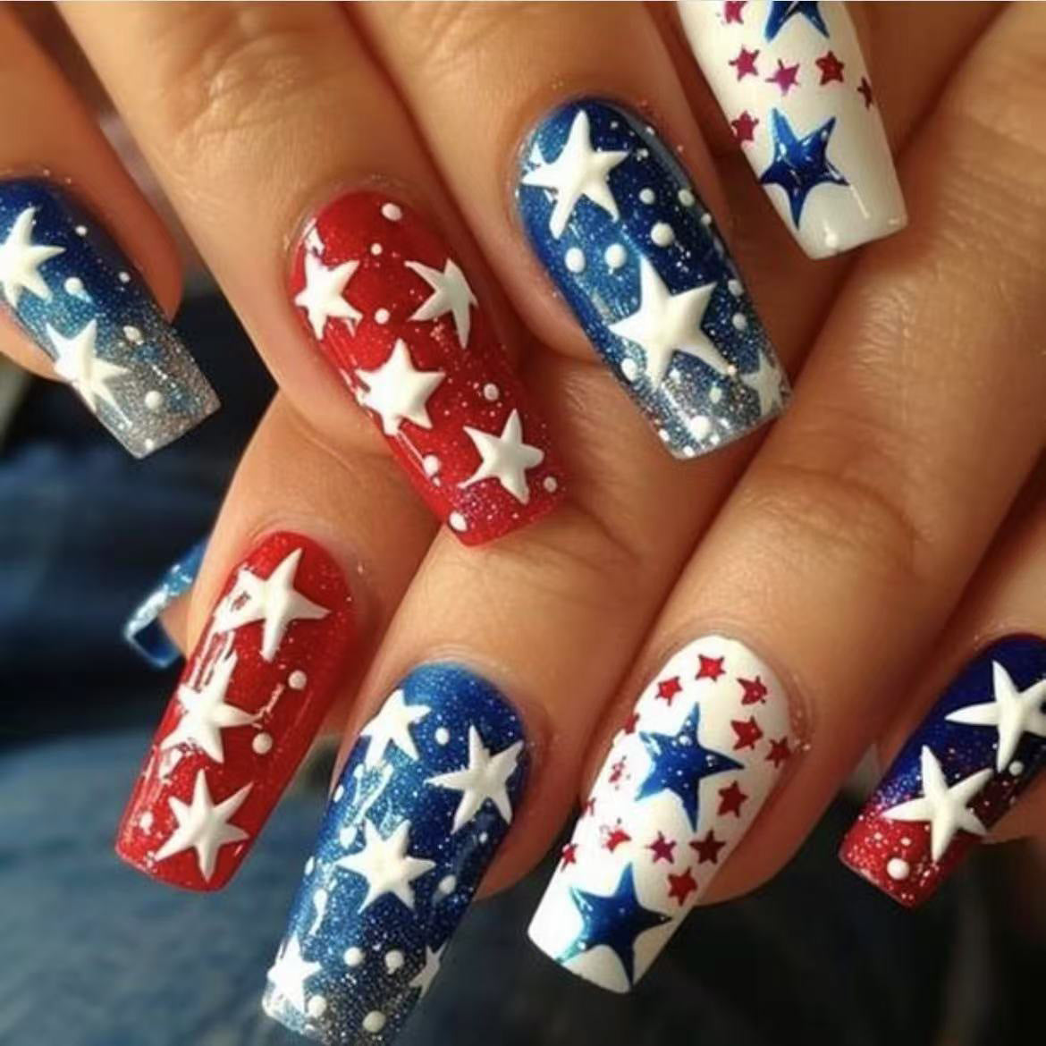 No.JNU23 Red&Blue Fingernails Patch 24pcs/Set