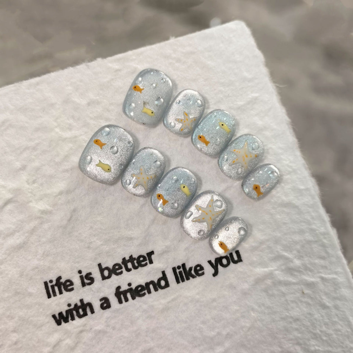 No.FP33 Blue Crystal Cat's Eye Hand Made Fingernails 10pcs