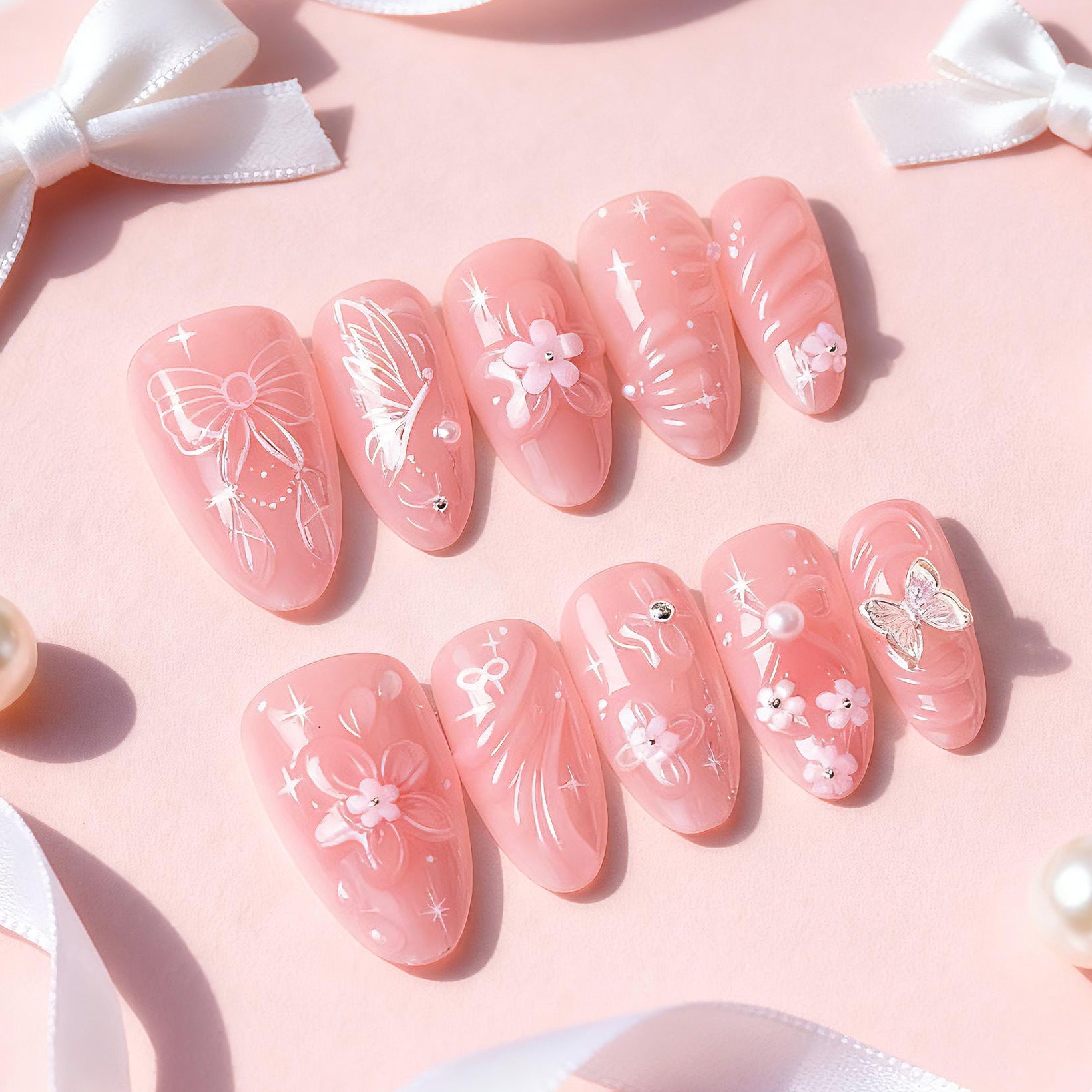 No.F838 Pink Bow Fingernails Patch 24pcs/Set