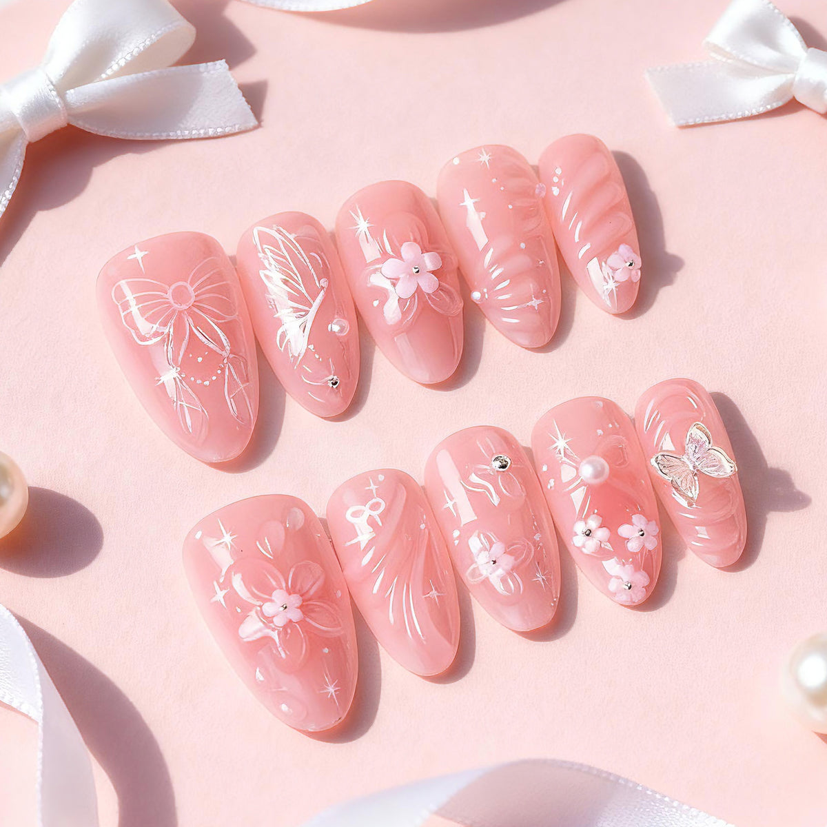 No.F838 Pink Bow Fingernails Patch 24pcs/Set