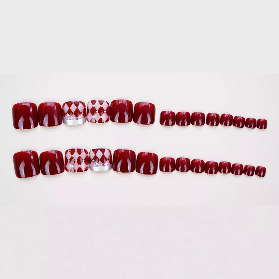 No.329 Wine Red Grid Toenails Patch 24pcs/Set