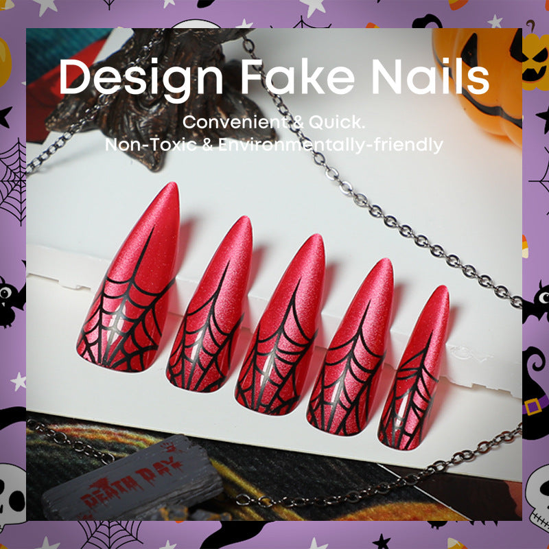 No.AW177 Halloween Red Cat‘s Eye Spider Web Fingernails Patch 24pcs/Set