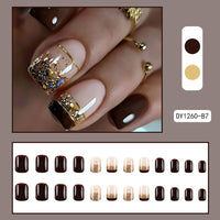 No.F46 Gold Foil Brown Short Fingernails Patch 24pcs/Set