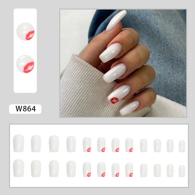 No.F55 White With Red Lip Fingernails Patch 24pcs/Set