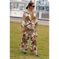 Exotic Leopard Flower Patchwork Print Elastic Waist Pocket Wide Leg Pants