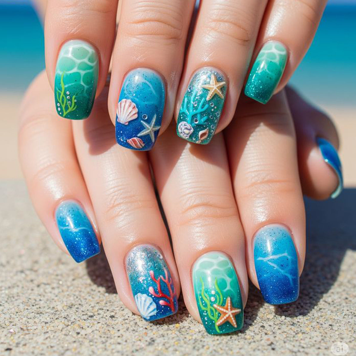 No.BH19 Beach Blue Fingernails Patch 24pcs/Set