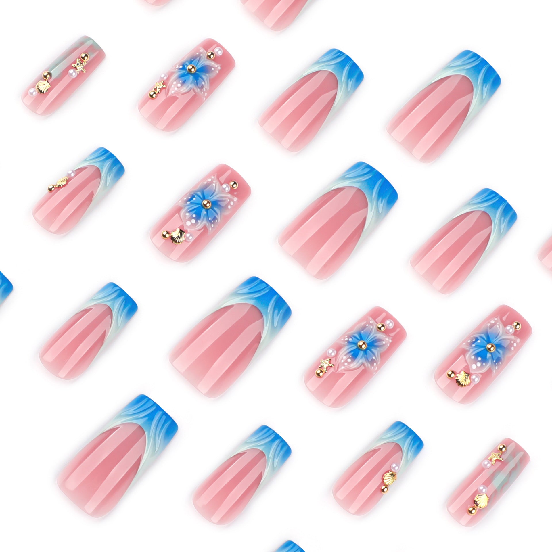 No.F617 Blue Flower Fingernails Patch 24pcs/Set