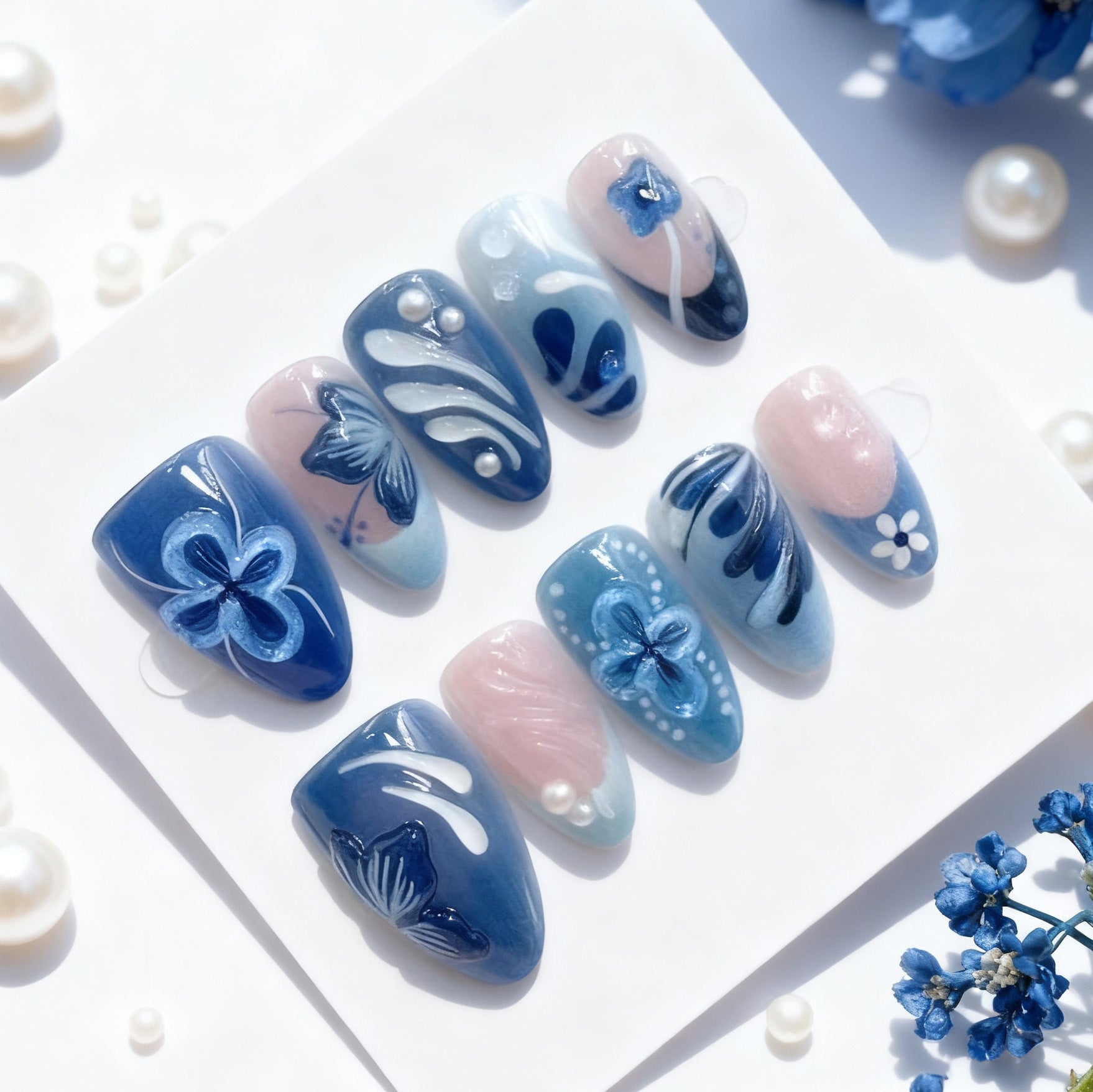 No.BH23 Blue Flower Fingernails Patch 24pcs/Set