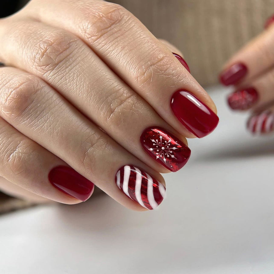 No.CM47 Christmas Red Candy Stripes Fingernails Patch 24pcs/Set