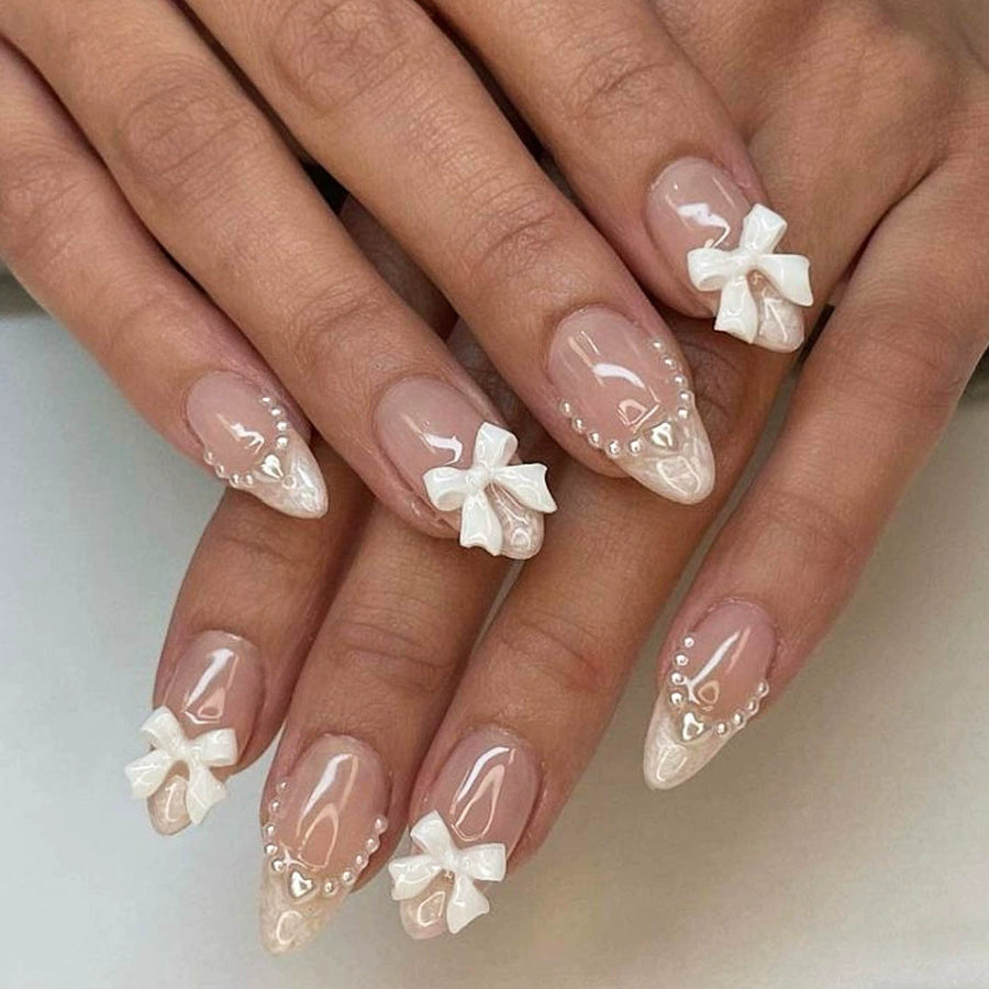 No.F267 Pearl White Bow Fingernails Patch 24pcs/Set