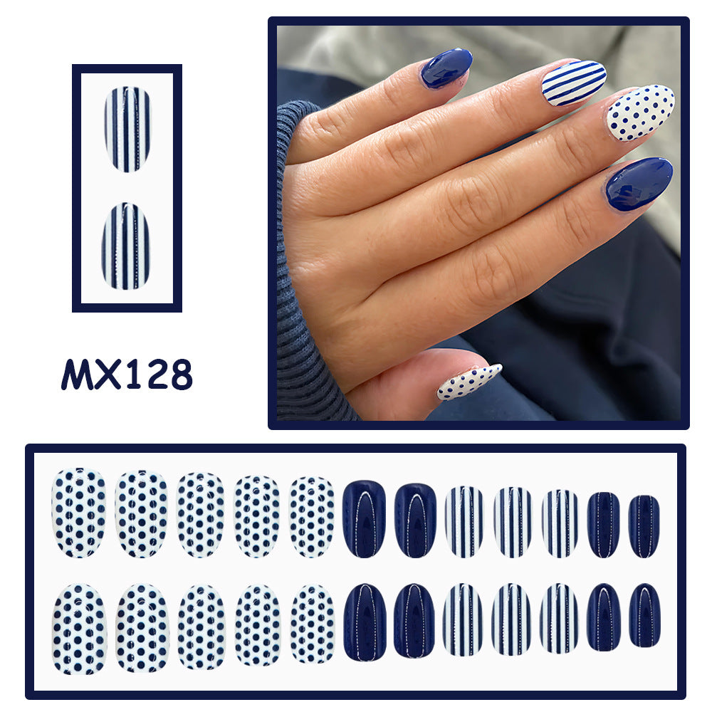 No.F767 Striped Navy Blue Fingernails Patch 24pcs/Set