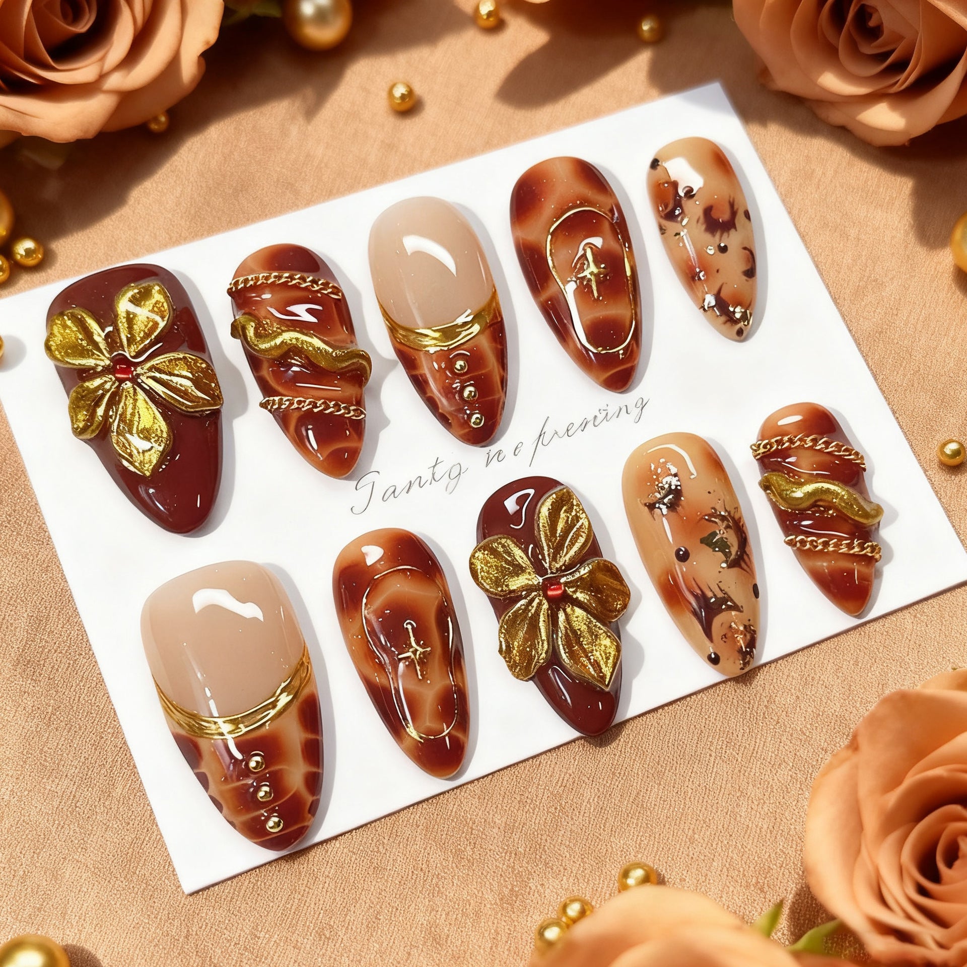 No.F828 Brown Flower Fingernails Patch 24pcs/Set