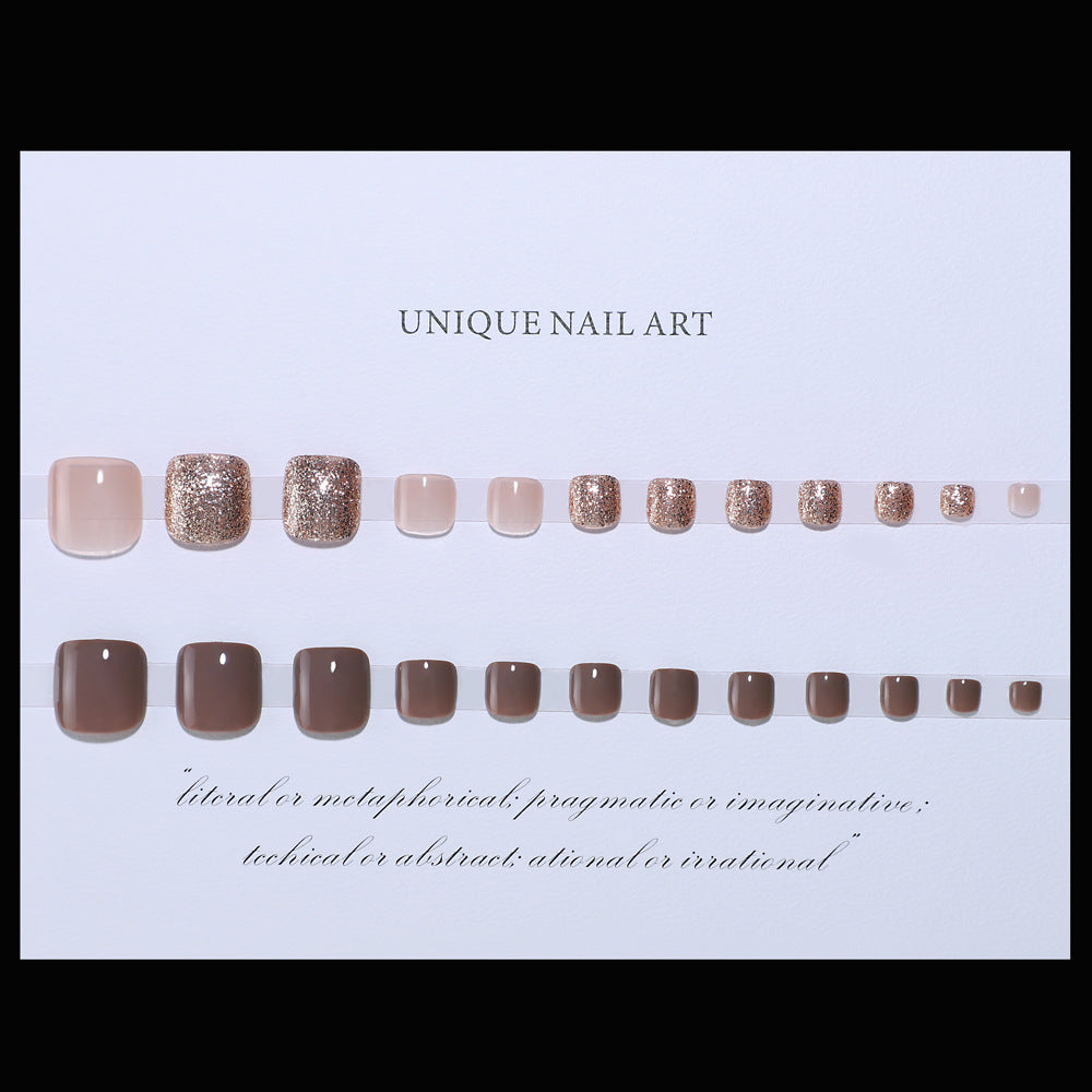 No.119 Coffee-colored Mirror Champagne Glitter Toenails 24pcs/Set