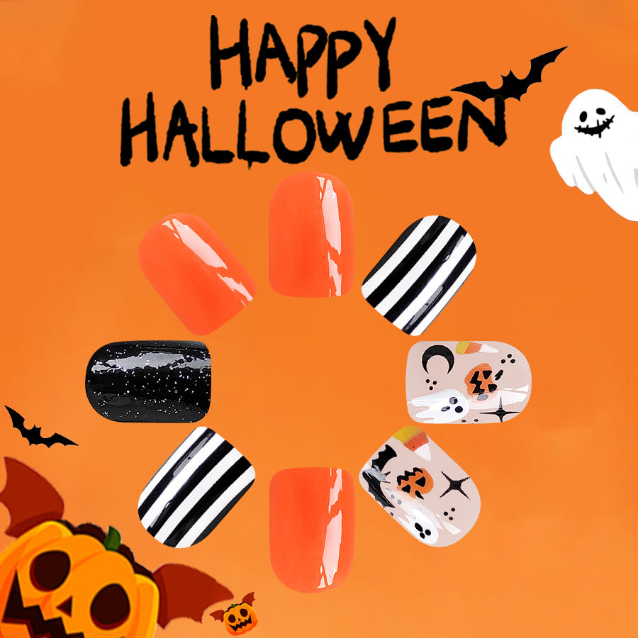 No.AW18 Halloween Short Ghost Striped Pumpkin Bat Fingernails Patch 24pcs/Set